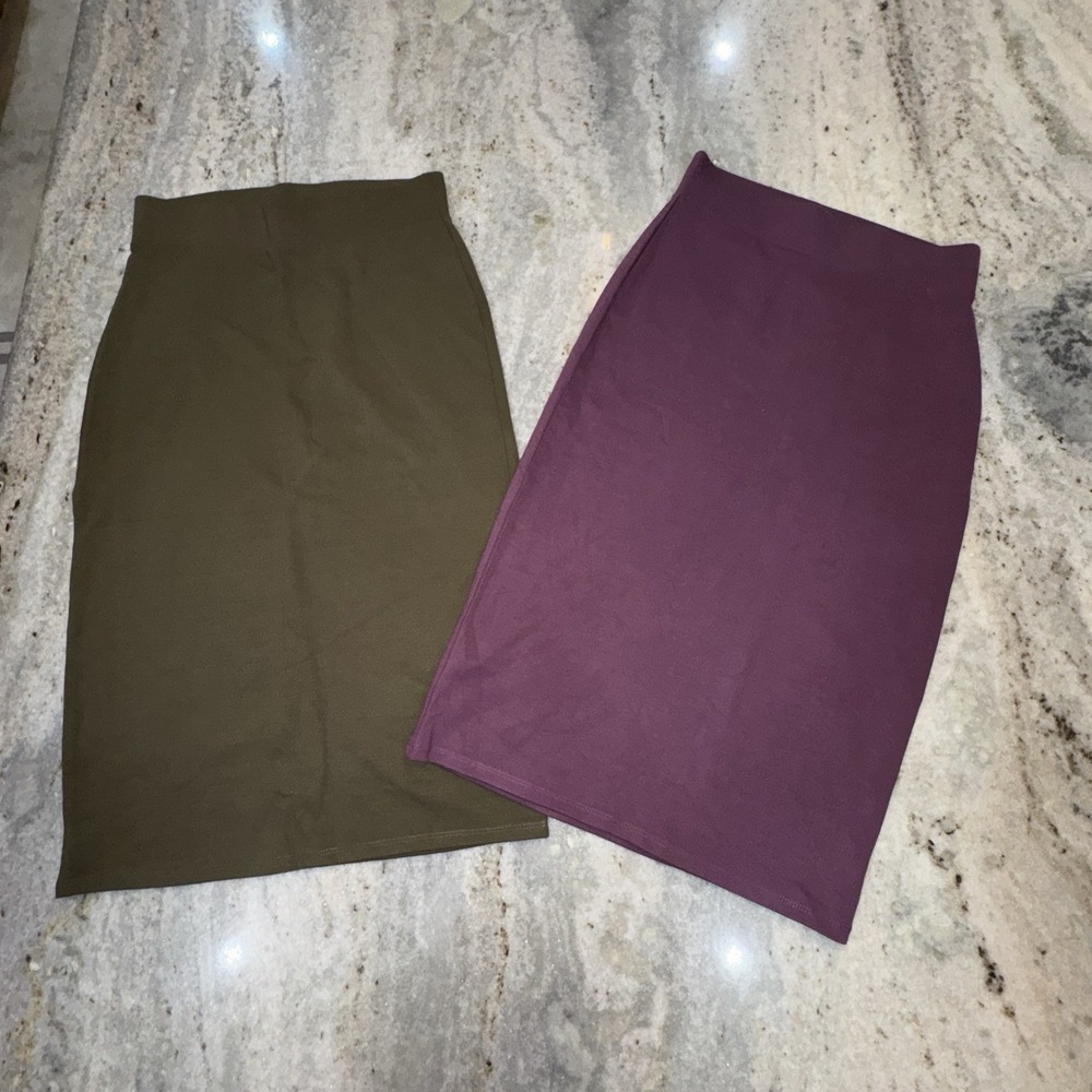 Bundle Of 2 Zenana Pencil Skits Stretch Army Green Plum Purple Sz S Knee Length